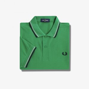 Polo Verde con Profili e Logo Fred Perry